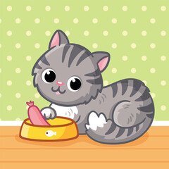 Cute cartoon grey kitten is sitting next to a bowl of food. The cat is isolated. Vector illustration with a pet in cartoon style.