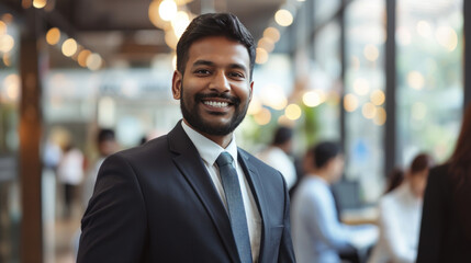 Fototapeta premium Portrait of a handsome smiling asian indian businessman boss standing in his modern business company office.