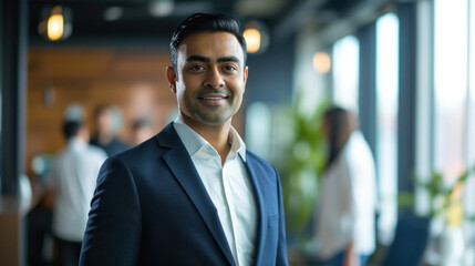 Fototapeta premium Portrait of a handsome smiling asian indian businessman boss standing in his modern business company office.