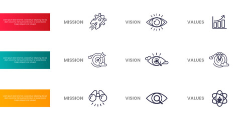 Mission, Vision and Values of company with text. Company infographic Banner template. Modern flat icon design. Abstract icon. Purpose business concept. Mission symbol illustration.