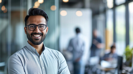 Obraz premium Portrait of a handsome smiling asian indian businessman boss standing in his modern business company office.