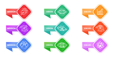 Mission, Vision and Values infographic set. Company infographic Banner template. Modern flat icon design. Abstract icon. Purpose business concept. Mission symbol illustration.