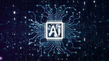 Artificial intelligence concept. A vibrant image showcasing a processor chip with &ldquo;Ai&rdquo; in the center, surrounded by circuit lines, illustrating artificial intelligence technologyand neural connections