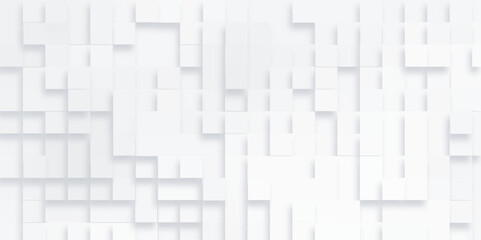 Obraz premium Digital Geometric square pattern of white background, white abstract background with mesh of squares or pixel, Rectangles on abstract background, Minimal simple style interior 3d white abstract paper.