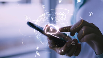 Cloud Computing and Digital Connectivity concept. A person using a smartphone, surrounded by...