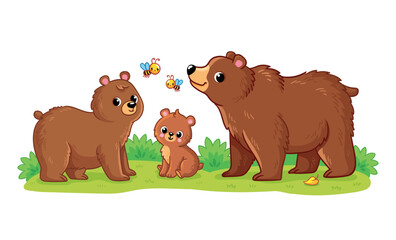 Cute family of bears stands in a green meadow on a white background. Vector illustration with cute forest animals. The bear cub with its Mom and Dad. - 710335552