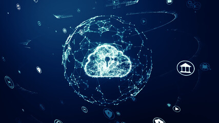 Cloud Computing and Digital Connectivity concept. A glowing digital cloud encased in a network of connections, symbolizing cloud computing and data storage, surrounded by various tech icons. - obrazy, fototapety, plakaty
