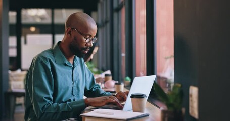 Laptop, thinking and business black man in coffee shop for remote work, research or problem solving. Computer, idea and planning with a freelance employee working by window in restaurant or cafe
