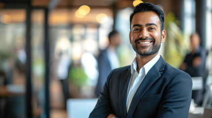 Fototapeta premium Portrait of a handsome smiling asian indian businessman boss standing in his modern business company office.