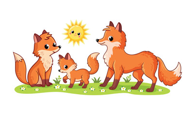 Cute family of foxes stands in a green meadow on a white background. Cute forest animals in cartoon style. The fox cub stands with its parents.