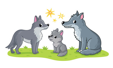 Cute family of wolves stands in a green meadow on a white background. Vector illustration with cute forest animals in cartoon style. The wolf cub with its Mom and Dad.