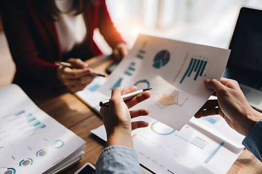 Business People Working Together In Office. Businessman And Businesswoman Discussing Project Plan. Financial Advisory And Accounting Concepts.