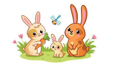 Cute family of rabbits stands in a green meadow on a white background. Cute farm animals in cartoon style. The little rabbit stands with its parents. - 710335911