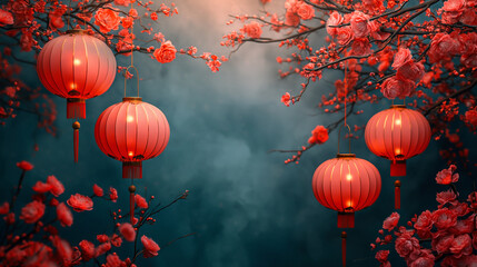 Fototapeta na wymiar Several lanterns hanging from a cherry blossom tree with red flowers. Background image for Chinese New Year celebrations.