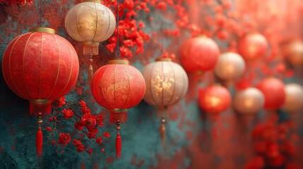 Obraz premium Several lanterns hanging from a cherry blossom tree with red flowers. Background image for Chinese New Year celebrations.