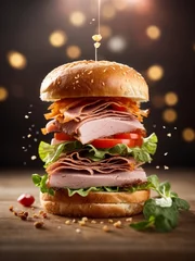 Zelfklevend Fotobehang Ham burger and sandwich in studio lighting and background, cinematic fast food photography  © Sompadith