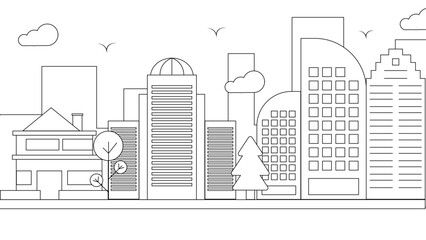 Black and white city building outline illustration background. Vector line art outline cityscape concept