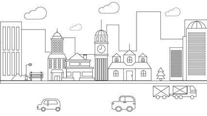 Black and white vector outline building landmarks skyline concept background. Vector line art outline cityscape concept