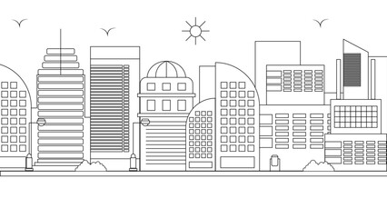 Black and white vector city line with building in outline style background. Vector line art outline cityscape concept