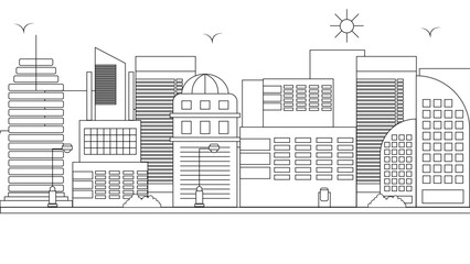 Black and white vector modern skyline buildings background impressive architecture with outline style. Vector line art outline cityscape concept