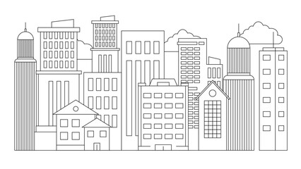 Fototapeta premium Black and white city building outline illustration background City landscape line urban skyline with cloud, building, cityscape hand sketch, flat houses