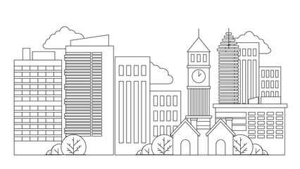 Black and white vector building modern city black background City landscape line urban skyline with cloud, building, cityscape hand sketch, flat houses