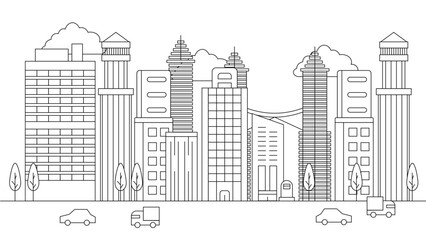 Black and white vector outline cityscape on white background, modern city skyline, city silhouette, vector illustration in flat design City landscape line urban skyline with cloud, building