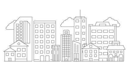 Black and white vector outline cityscape on white background, modern city skyline, city silhouette, vector illustration in flat design City landscape line urban skyline with cloud, building