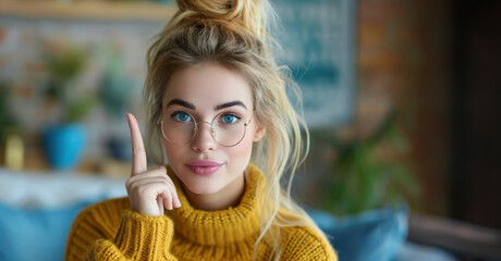 Bright Idea: A young woman in a cozy sweater and trendy glasses holds up a finger as if she just had a great idea