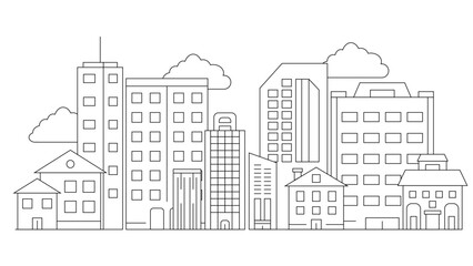 Black and white vector outline building landmarks skyline concept background City landscape line urban skyline with cloud, building, cityscape hand sketch, flat houses