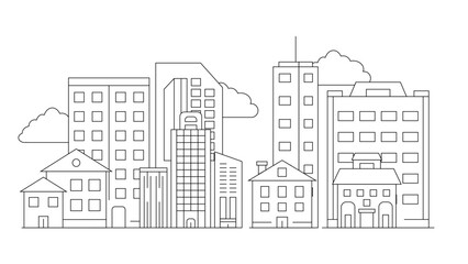 Black and white city building outline illustration background City landscape line urban skyline with cloud, building, cityscape hand sketch, flat houses