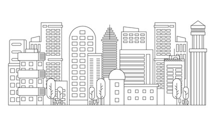 Black and white vector city line with building in outline style background City landscape line urban skyline with cloud, building, cityscape hand sketch, flat houses