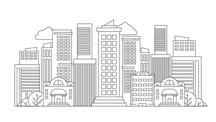 Fototapeta premium Black and white vector city building line art vector icon design illustration template background City landscape line urban skyline with cloud, building, cityscape hand sketch, flat houses
