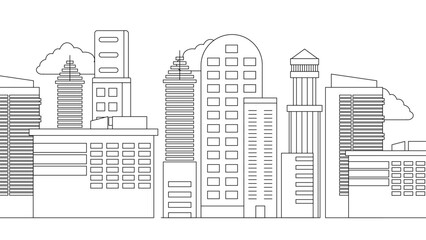 Black and white vector outline landmarks skyline with buildings city background City landscape line urban skyline with cloud, building, cityscape hand sketch, flat houses