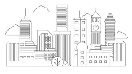 Black and white city building outline illustration background City landscape line urban skyline with cloud, building, cityscape hand sketch, flat houses