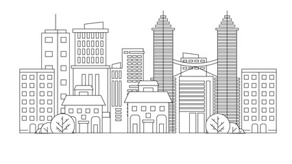 Black and white vector modern skyline buildings background impressive architecture with outline style City landscape line urban skyline with cloud, building, cityscape hand sketch, flat houses