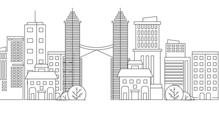 Black and white vector city line with building in outline style background City landscape line urban skyline with cloud, building, cityscape hand sketch, flat houses