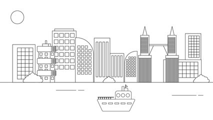 Black and white vector outline cityscape on white background, modern city skyline, city silhouette, vector illustration in flat design