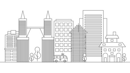 Black and white vector city building line art vector icon design illustration template background