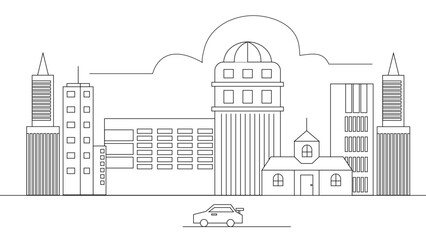 Obraz premium Black and white vector outline cityscape on white background, modern city skyline, city silhouette, vector illustration in flat design