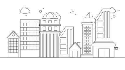 Black and white vector outline cityscape on white background, modern city skyline, city silhouette, vector illustration in flat design