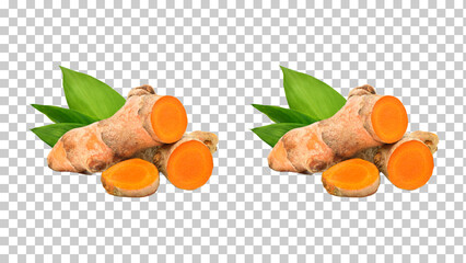 UntitledTurmeric (Curcuma longa Linn) rhizome (root) sliced with green leaves isolated on Transparent background.
