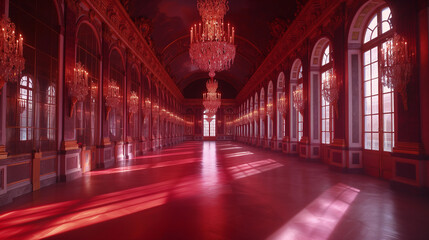 Red baroque gallery room. Generative AI.