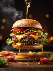 Cheeseburger with bacon and fries in studio lighting and background, cinematic food photography 