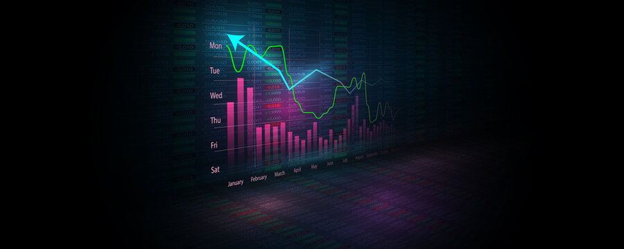 The background image shows a stock market graph screen showing financial results in the online world