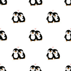 seamless pattern with cartoon couple of penguins in love