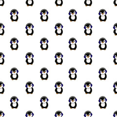 seamless pattern with penguins in blue headphones 