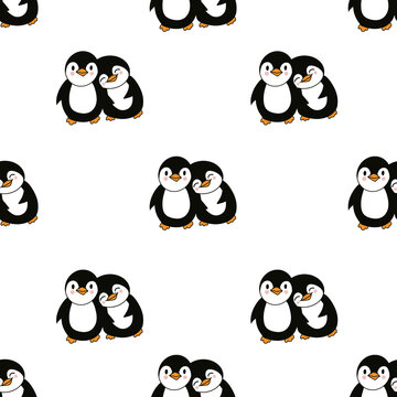 Seamless pattern with couple of penguins in love