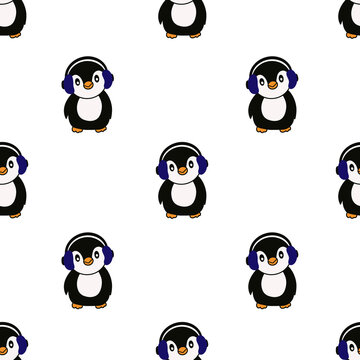seamless pattern with penguins with blue headphones 