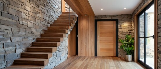 Wooden staircase and stone cladding wall house room interior design. Generative AI technology.